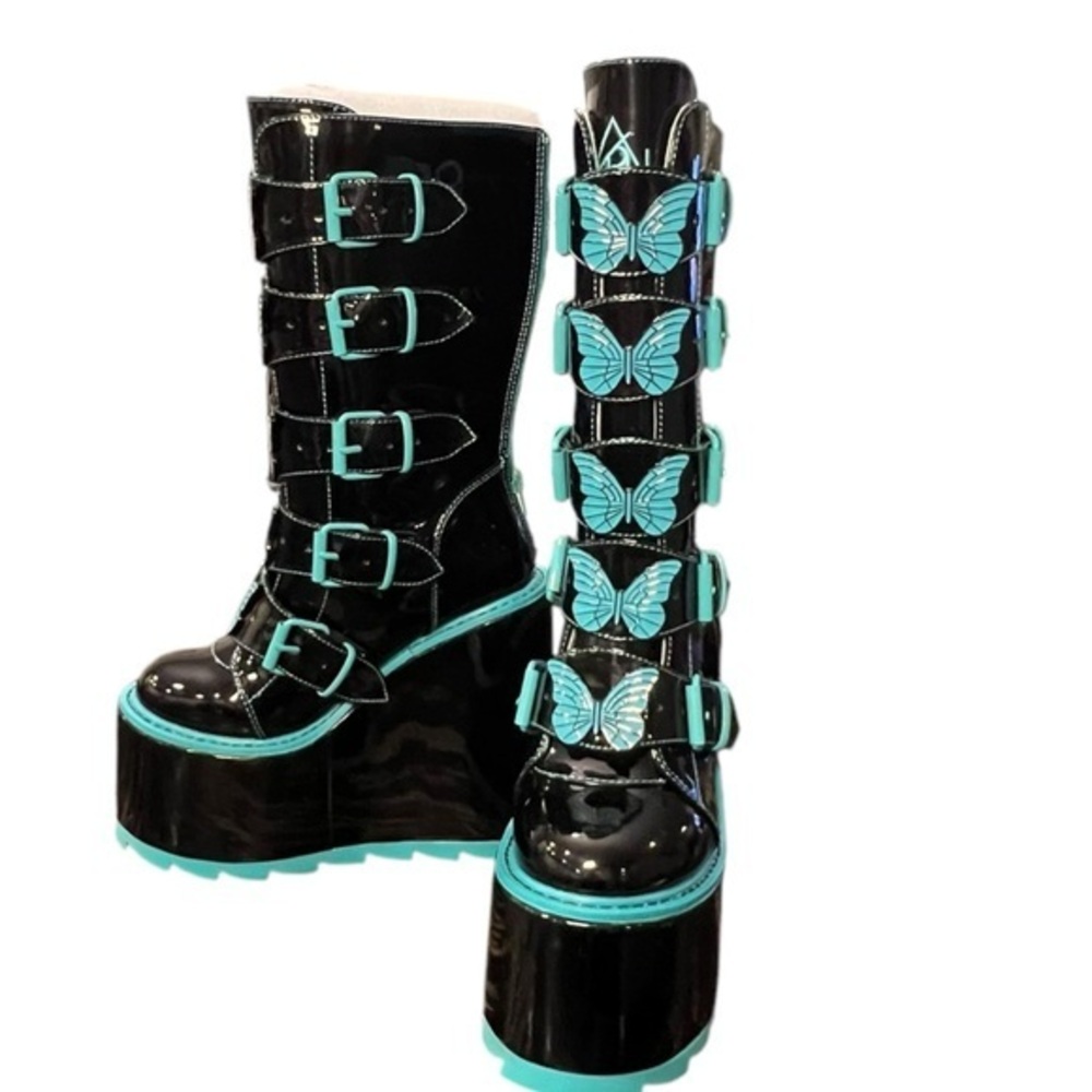 YRU Dune Black & Teal Butterfly Buckle Strap Platform Boots Sz 5 NEW RARE Y.R.U.